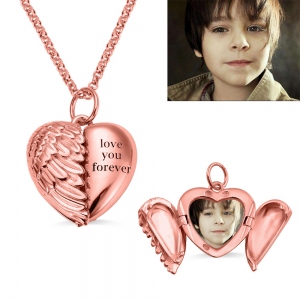 Engravable Angel Wings Heart Photo Necklace in Rose Gold