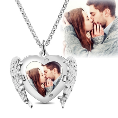 Engraved Angel Wings Heart Photo Locket Sterling Silver Necklace